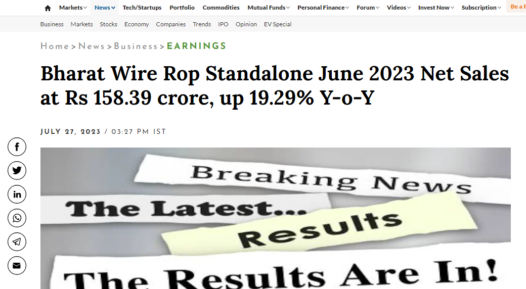 Bharat Wire Rop Standalone June 2023 Net Sales at Rs 158.39 crore, up 19.29% Y-o-Y